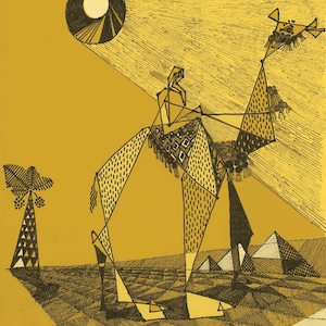 13x16.5 in Print, Arabian, Camel-man, Bedouin, Pyramids, Egypt, Camel, Arabian Desert, Futuristic Art, Iconic Picture Of The Middle East