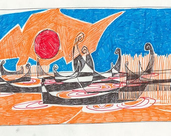 5x12 in Original Drawing, Canoes, Iraqi Marshes, Iraqi Wet Land, Mashhooph, Arab Marshes, Boats, Transportation, Orange and Blue
