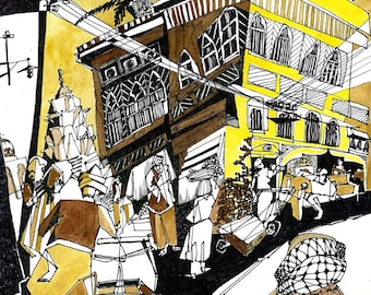 16x20 in Print, Baghdad,  Bab Alshiek, Iraqi Culture, Iraqi Art, Middle East, Modern Arab Art, Traditional Arabic City, Bazaar, Urban Arabic
