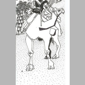 Originale 15x7 in arte irachena, donna cammello, Medio Oriente, arti arabe etniche, artista iracheno, Faris Alsaffar, Arabia, Islam, beduini, nomadi, musulmani