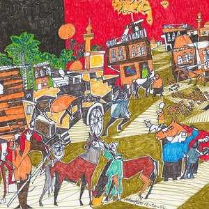 9 x 12 inch Original Zeichnung, Stallungen, Pferd und Wagen, Alt Bagdad, der alte irak, Bunt Zeichnung, Urban Zeichnung, Transportmittel