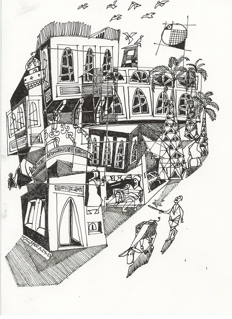 8x11 in Original Drawing, Traditional Iraq, Iraqi Housing, Old Baghdad, Street Corner, Shenashel, Old Neighborhood, Iraqi Culture, Whimsical