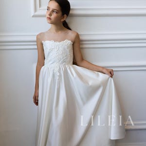 Junior Bridesmaid Dress, Satin First Communion Dress, Flower Girl Dress with lace train
