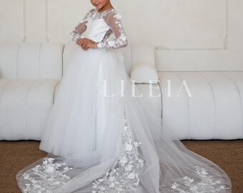 Adela Lace High Neck Pageant Dress - Ball Gown With Hi-Low Train, Appliques, For Wedding, First Communion