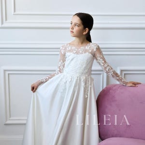 Lace long sleeve flower girl dress, Satin Long sleeve christening dress, flower girl dress, Girl wedding dress, junior bridesmaid girl dress
