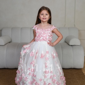 Pink Flower Girl Dress with flowers, Pink Girl Ball Gown, Junior bridesmaid pink dress