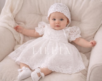 Baptism Dress Girl Set Christening Gown Lace Baby Dress with Bonnet & Booties