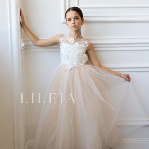 Flower girl dress, Beige Girl Dress with train, Girl wedding dress, Puffy Baby Dress