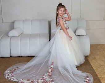 Ivory Tulle Flower Girl Dress with Burgundy Embroidery – First Birthday Ball Gown