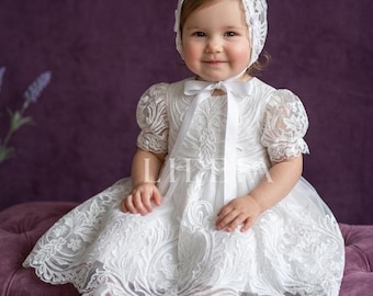 Baby Girl Christening Gown Set: Lace Baptism Dress, Bonnet, Shoes