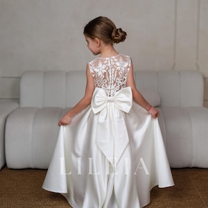 White satin flower girl dress big bow, toddler wedding dress, junior bridesmaid girl dress for wedding party, baptism christening dress