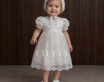 Baptism Dress - Lace Christening Set: Tulle Dress, Bonnet & Booties