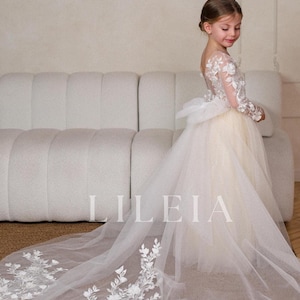 Long sleeve Flower girl dress,  Girl Tutu Gown with lace sleeves, Boho style flower girl dress