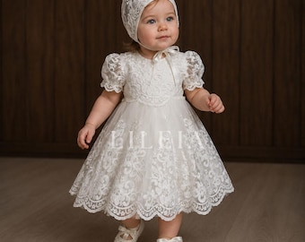 Lace toddler baptism outfit: Tulle dress, hat, christening booties. Christening gift baby girl