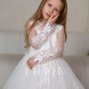 Flower girl dress, Long sleeve girl dress, Lace girl dress, Flower girl dress ivory, Tulle flower dress, Girl dress train