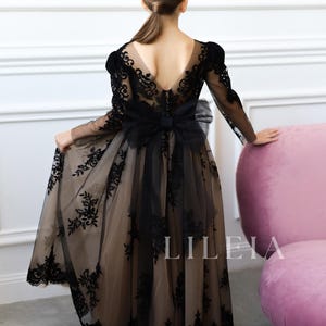 Black Long Sleeve Girl Dress, Lace dress for Girl with train, Black Girl Gown