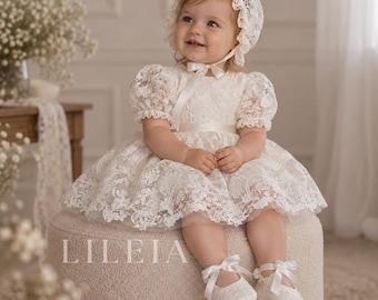 White Christening Outfit for Baby Girl: Lace Tutu Dress, Newborn Girl Shoes, Baptism Bonnet