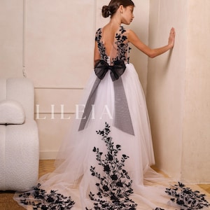 Black Lace Flower girl dress, White toddler dress, Dress for photoshoot, Wedding Girl Dress with black lace