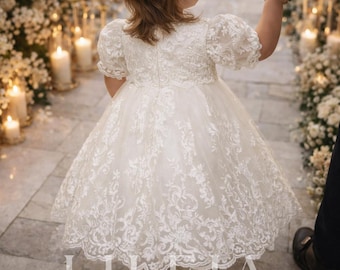 Puffy baby dress for christening with lace trim First birthday dress Ivory Short Sleeves dress