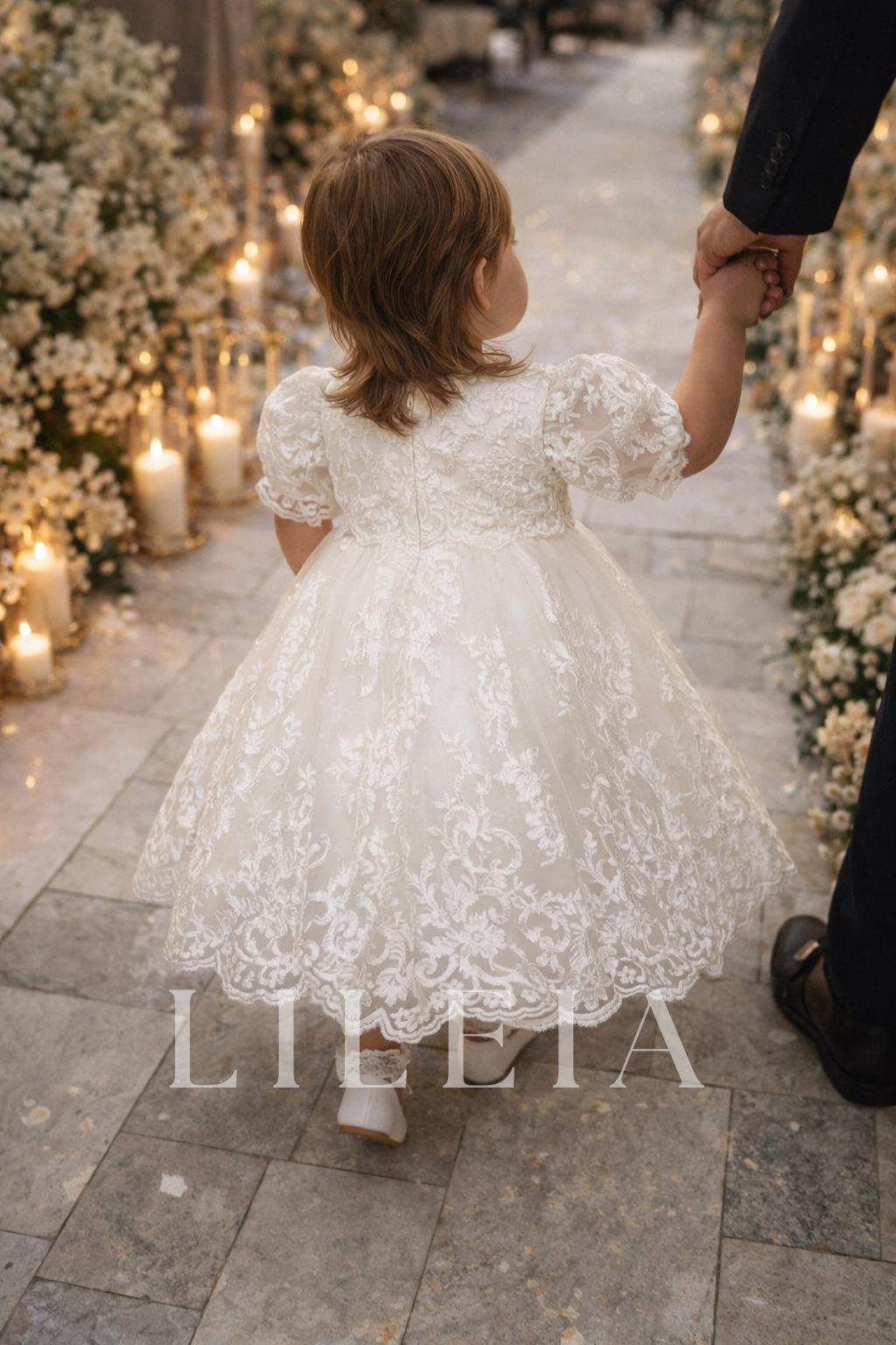 Puffy baby dress for christening with lace trim First birthday dress Ivory Short Sleeves dress