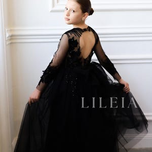 Black Girl Dress with train, Black Lace dress for Girl, Black Long Sleeve Girl Gown