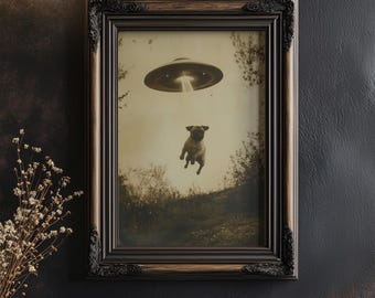 Tintype Pug UFO Abduction Print | Vintage Sci Fi Dog Print
