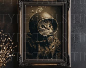 Vintage Diver Cat Print: Nautical Pet Portrait, Quirky Home Decor