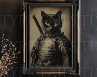 Vintage Samurai Cat Print: Sepia Feline Warrior Portrait