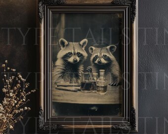 Vintage Raccoon Whiskey Print: Funny Sepia Animal Portrait Bar Decor