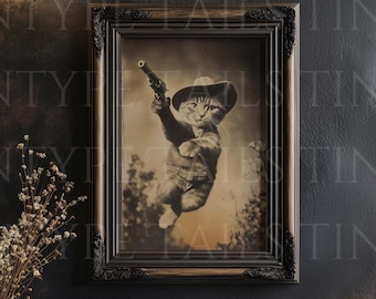 Vintage Sepia Cowboy Cat Print: Funny Western Wall Art
