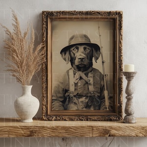 May include: A framed sepia-toned photograph of a black Labrador Retriever wearing a hat and overalls, holding a fishing rod. The dog is looking directly at the camera.