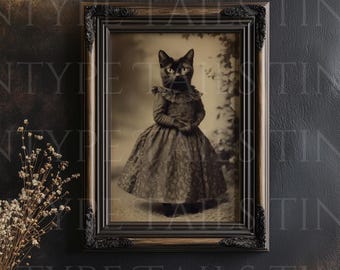 Può includere: Una fotografia vintage in bianco e nero di un gatto vestito con un lungo abito floreale. Il gatto è in piedi in un giardino e guarda direttamente la fotocamera. La fotografia è incorniciata in una cornice di legno scuro con dettagli decorativi.