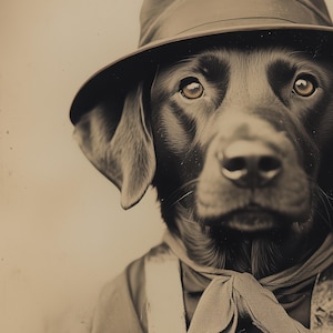 May include: A black Labrador Retriever wearing a brown felt hat with a wide brim. The dog is wearing a brown and white patterned scarf around its neck.