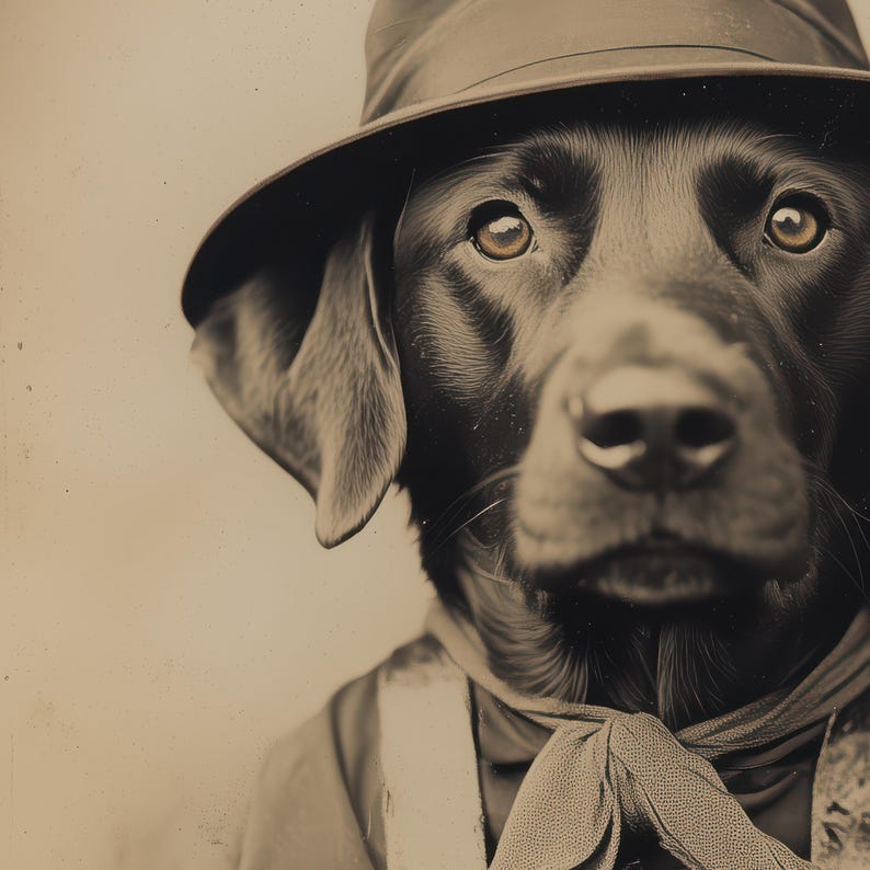 May include: A black Labrador Retriever wearing a brown felt hat with a wide brim. The dog is wearing a brown and white patterned scarf around its neck.