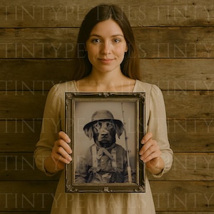 May include: A woman is holding a framed photograph of a dog dressed in overalls and a hat, holding a fishing rod. The dog is a brown and black Labrador Retriever.