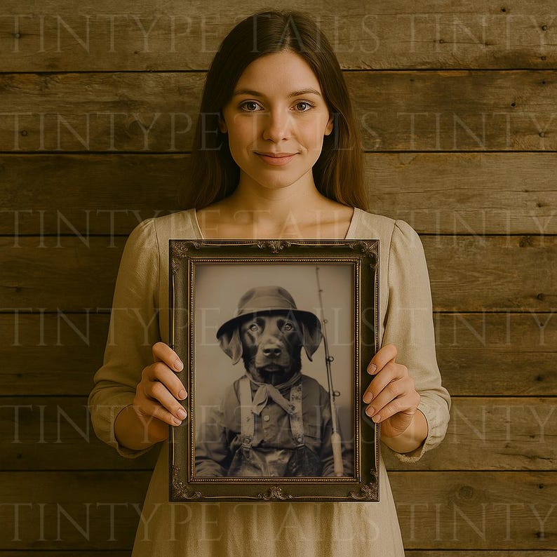 May include: A woman is holding a framed photograph of a dog dressed in overalls and a hat, holding a fishing rod. The dog is a brown and black Labrador Retriever.