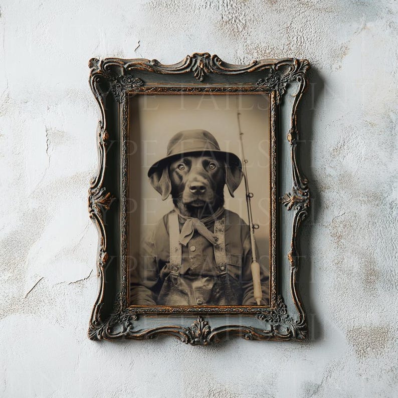 May include: A black Labrador Retriever dressed in a vintage fishing outfit, wearing a brown hat and holding a fishing rod. The photo is framed in a dark brown ornate frame.