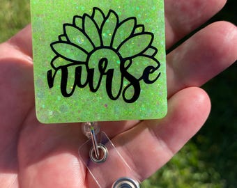 Porta badge da infermiere con glitter, clip identificativa floreale, porta badge medico in resina fatto a mano per infermieri e assistenti sanitari.