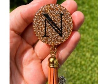 Personalized Initial Badge Reel | Glitter Monogram Badge Holder | Custom Letter Badge Clip | Nurse Teacher Work ID Reel