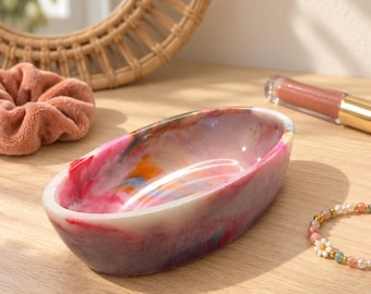 Handmade Resin Oval Trinket Dish, Marbled Boho Jewelry Tray (6" x 3")