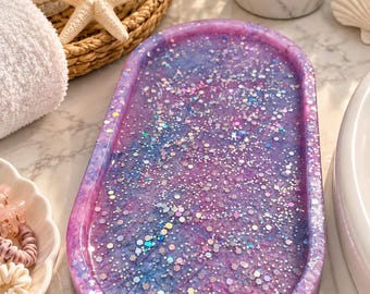Mermaid Glitter Trinket Tray, Purple Pink Jewelry Dish, Handmade Coastal Decor, Vanity Organizer, Mermaid Gift