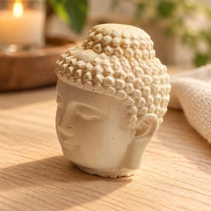 May include: A cream-colored sculpture of a Buddha head featuring a textured, curled hairstyle, closed eyes, and a serene facial expression. The object is crafted from a matte material with a smooth finish on the face and detailed, raised circular patterns.