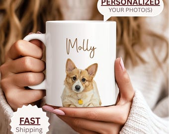 May include: White ceramic mug featuring a corgi illustration with the name "Molly" in a handwritten font. The mug also has the text "PERSONALIZED YOUR PHOTO(S)". The mug is held by a person.