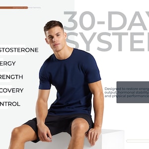 Puede incluir: Un hombre con una camiseta azul marino y pantalones cortos negros se sienta frente a un fondo blanco. El texto "30-DAY SYSTEM" se muestra en letras grises grandes. El texto adicional incluye "TESTOSTERONE, ENERGY, STRENGTH, RECOVERY, CONTROL".