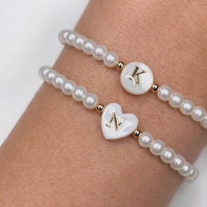 Bridesmaid Initial Bracelet: Personalized Pearl Shell Stretch with Mother of Pearl Letter Charm
