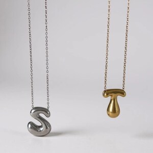 May include: Two necklaces with pendant letters. The first necklace has a silver-colored, rounded letter "S" pendant. The second necklace has a gold-colored, rounded letter "T" pendant. Both pendants hang from delicate chain necklaces.