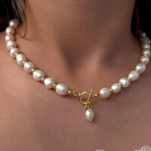 Colar de pérolas barrocas de água doce, gargantilha com pérolas irregulares e robustas, pingente com fecho de alternância vintage, joia para noivas