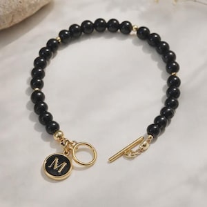 Personalized Black Agate Initial Bracelet: Enamel Charm, Toggle Clasp