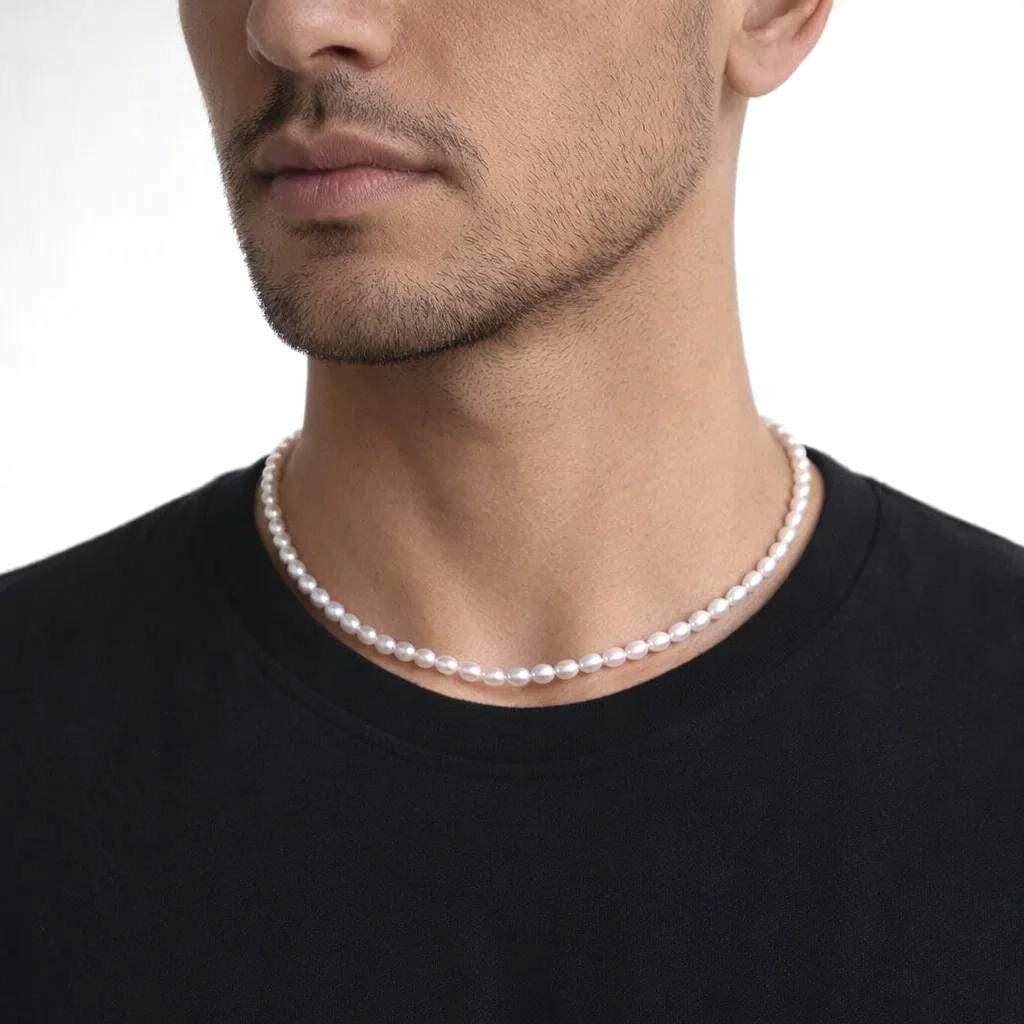 Men's Freshwater Pearl Necklace, Real Rice Pearl Choker, Minimalist…