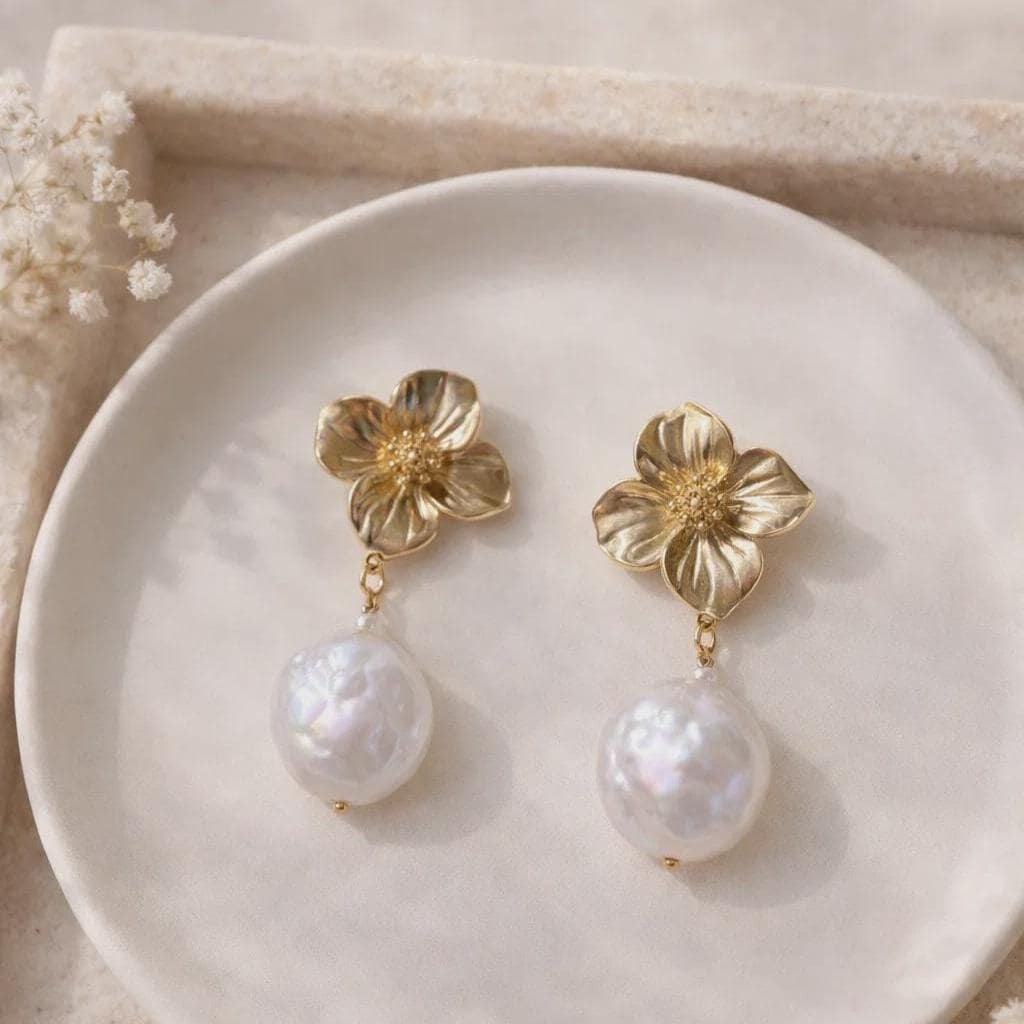 Gold Flower Pearl Drop Earrings - Baroque Pearl Stud Dangles, Elegant…
